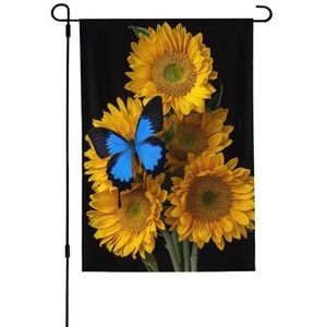 LAMAME Gele Zonnebloemen met Blauwe Vlinders Gedrukt Tuin Vlag Patio Decoratieve Vlag Dubbelzijdige Tuin Vlag