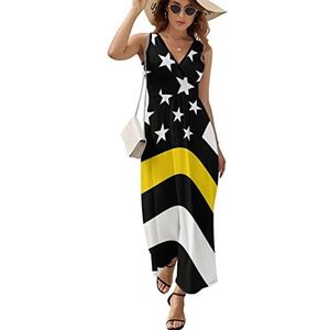 USA Dunne gele lijn vlag vrouwen maxi lange jurk V-hals mouwloze tank zonnejurk zomer