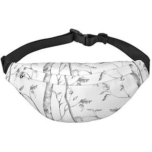 Grijze bossen en vogels print grote heuptas verstelbare crossbody tas heuptas voor buiten sport, zwart, één maat, Zwart, Eén maat