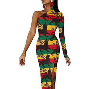 Rastafari-vlag met leeuw voor dames, halflange mouwen, avondjurk, feestjurk, cocktailjurk, split, bodycon, maat XS