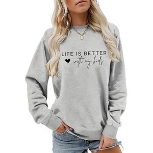 Life Is Better with My Kids sweatshirt voor vrouwen grappige liefde hart print shirts lange mouw jas tops (XL, grijs), Grijs, XL