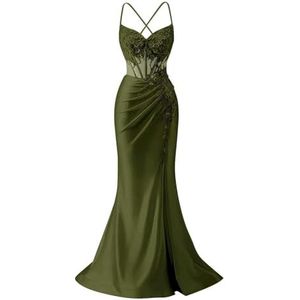 KIYNE Satijnen zeemeermin-galajurken met split voor dames, kant, appliqué, spaghettiband, formele feestjurk, baljurk, Olijfgroen, 32