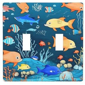ZhaoYuGoods Blauwe onderwater wereld van vis print muurplaat, dubbele tuimellichtschakelaar outlet cover 2-gang 11,4 cm x 11,4 cm, decoratieve pc-voorplaat voor thuis en kantoor