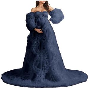 KIYNE Zwangerschapsjurk voor dames, voor fotoshoot, tule lingerie, zwangerschapsjurk voor babyshower, lange bruidsjurk, Donkerblauw, 32