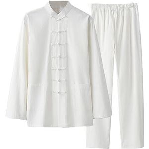 ZHOUXIAO Chinese Vechtsporten Kung-Fu Kleding - Traditionele Tang Tapijt Lange Mouwen Heren Broek, Linnen Katoen Tai Chi, Wit, 4XL