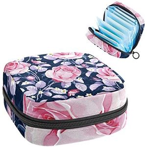 Periode Pouch Draagbare Tampon Opbergtas,Tampon Houder voor Portemonnee Vrouwelijke Product Organizer,Hand Getrokken Roze Rose, Meerkleurig, 4.7x6.6x6.6 in/12x17x17 cm