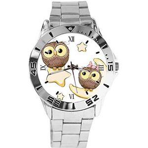 Owls Design Analoge Polshorloge Quartz Zilveren Wijzerplaat Klassieke Roestvrij Stalen Band Dames Heren Horloge