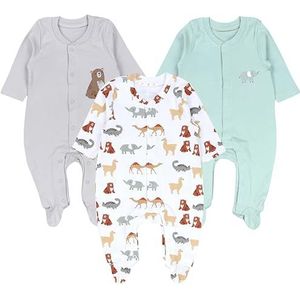 TupTam Baby Jongens Pyjama Boxpakje Slaapoverall met Voet 3-Pack, Wit Grijs Beige Olifant Beer, 86