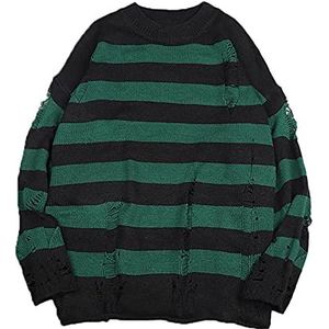 Lente gestreepte truien punk unisex trui holle gat gebroken jumper losse extra grote truien gescheurd Harajuku knitwear-L,dark green