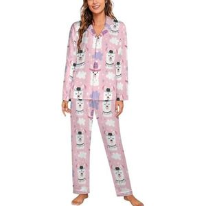 Leuke Cartoon Llama Alpaca Vrouwen Lange Mouw Button Down Nachtkleding Zachte Nachtkleding Lounge Pyjama Set XL