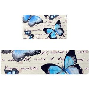 VAPOKF Keukenmat, 2 stuks, blauwe vlinder op geschreven tekst, antislip, wasbaar vloerkleed, absorberend keukentapijtloper tapijt voor keuken, hal, wasruimte