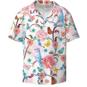 Romantische Fancy Bloemen Vogels Vlinder Print Mannen Korte Mouw Jurk Shirts Met Zak Casual Button Down Shirts Business Shirt, Zwart, 3XL