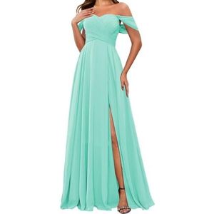 HPPEE Off-shoulder chiffon bruidsmeisjesjurken met split voor vrouwen mouwloze strapless avond formele jurk, Turkoois, 44