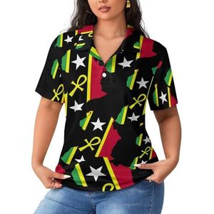 Rood Zwart Groen Afrika Kaart Ankh Dames Poloshirts Met Korte Mouw Casual T-shirts Met Kraag Golfshirts Sport Blouses Tops M