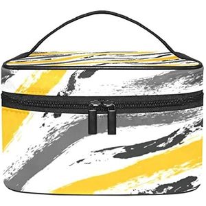 Groene Bladeren Patroon Achtergrond Make-up Tas Voor Vrouwen Meisjes Cosmetische Zakken Met Handvat Reizen Make-up Organizer Tas, Grunge Brush Tribal Patroon Geel Grijs Zwart, 8.9x5.9x5.4 Inches, Make-up Pouch