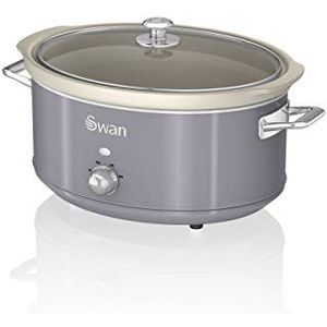 Swan Retro SF17031GRN kookpan, afneembaar, 6,5 l, anti-aanbaklaag, PFOA- en PTFE-vrij, 3 temperatuurniveaus, glazen deksel, slow cooker, vintage design, grijs, 320 W