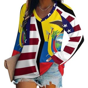 Amerikaanse en Ecuador vlag vrouwen casual lange mouw T-shirts V-hals gedrukte grafische blouses Tee Tops 3XL