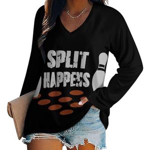 Split Happens Bowling Casual T-shirts met lange mouwen voor dames V-hals bedrukte grafische blouses Tee Tops XL