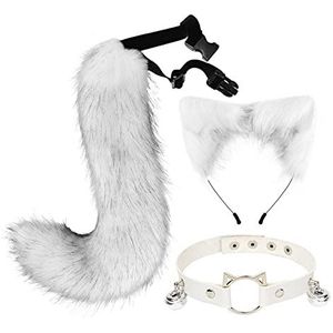 Kat Oren en Staart Set voor Meisje, Wolf Fox Lange Staart Faux Fur Lederen Halschocker Cosplay Halloween Party Accessoires, Lichtgrijs, M