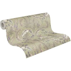 behang tropische bladeren grijs, crème, lila paars en donker paars 53 cm x 10.05 m - van Sanders & Sanders