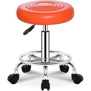 FXLUHAY Rollende winkelkruk met wielen, draaibare salonkruk, verstelbare tekentruk, werkbankkruk, massage spa tatoeage fotografie kruk met PU-leer gedempt (oranje)