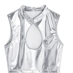 Womens Dames Wetlook Paaldans Kostuums Party Clubwear Leer Latex Holografische Mouwloze T-Shirts Voorste Gat Vest Crop Top, Zilver, S