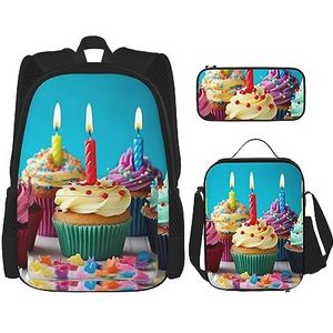 Kleurrijke Happy Birthday Cupcakes Rugzak Set 3 stks met Lunch Tas Potlood Case Reizen Dagrugzak Lunch tas potlood zakje Combinatie, Zwart, Eén maat, Rugzakken