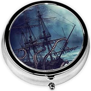 Nautische Zeilboot Print Pillendoos 3 Compartiment Kleine Pillen Case met Spiegel Pil Organizer voor Outdoor Reizen Pocket Purse