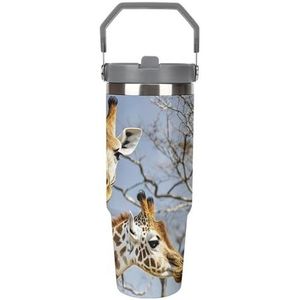 FHECVBN Grote Capaciteit Auto Cup Koffie Tumbler Giraffe Koffie Mok Flip Stro Tumbler Rvs Cup