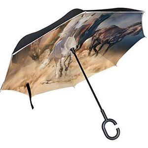 RXYY Winddicht Dubbellaags Vouwen Omgekeerde Paraplu Dier Running Paard Schilderen Waterdichte Reverse Paraplu voor Regen Bescherming Auto Reizen Outdoor Mannen Vrouwen