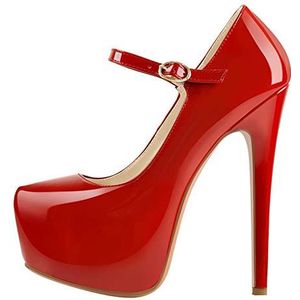 MissHeel Plateau May Janes riempjepumps met gespen pumps hoge hakken stiletto's, rood, 43 EU