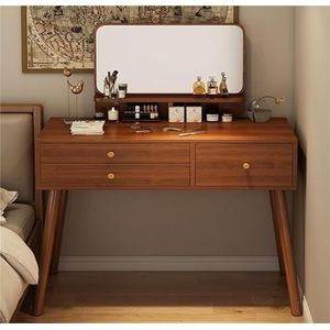 CVQJL Houten make-uptafel, make-uptafel, make-uptafel met spiegel, kaptafel met laden en opbergplanken, moderne multifunctionele tafel met grote opbergruimte voor slaapkamer, woonkamer, bruin, 100 cm