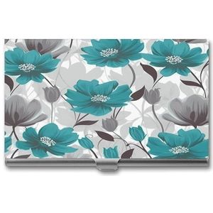 LHOKDR Visitekaartjeshouder, metalen etui, houder voor dames en heren, creditcardhoesje groenblauw grijs en wit bloemenprint kaarthouder voor visitekaartjes