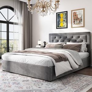 Aunvla Gestoffeerd bed, opbergbed met linker en rechter uitneembare bedlade, Chesterfield-stijl, met schuim gevuld hoofdeinde, tweepersoonsbed van stalen frame, fluweel, 140 x 200 cm, grijs