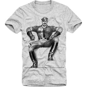 MUMEN Sexy Gay Police Man Tom of Finland Male Friend Leather Boots Pullover Men's Crewneck T-Shirt Short Sleeve Top Unisex Pure Cotton Tee Grey L
