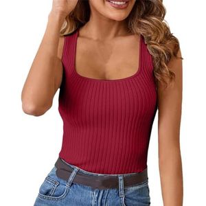 Tdvcpmkk Dames vierkante hals pit gestreept mouwloos vest veelzijdig stretch vest top, Rood, L