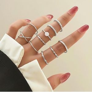 Mode Vrouw Zilveren Kleur Geometrische Ringen Set Voor Vrouwen Meisjes Vintage Ster Hart Pijl Ring Sieraden Gifts-IF107920193
