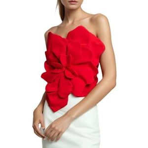 CakfLjkhl Womens Tube Top 3D Bloemen Strapless Mouwloos Gesmokte Slim Fit Bijgesneden Bandeau Party Tops,Rood,L