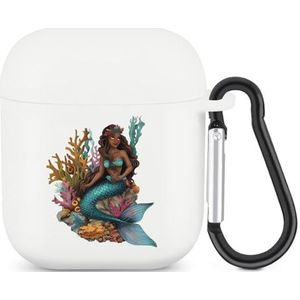Afro-Amerikaanse Zeemeermin Koraal Leuke Case voor AirPods 2 & 1 Schokbestendige Beschermende Hoofdtelefoon Gevallen Cover Met Sleutelhanger Voor Mannen Vrouwen