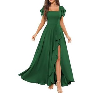 Chiffon galajurken met spleetplooien, bruidsmeisjesjurken voor bruiloft, cocktailjurk, grote maten, Emerald Groen, 32