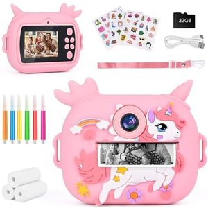 GuKKK 1080P Instant kindercamera, 6 cm scherm, digitale camera voor kinderen, met 32 GB kaart, 10 rollen printpapier, 5 gekleurde pennen, cadeau (roze)