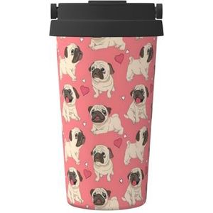 FRGMNT Grappige cartoon mopshond puppy hond print thermische koffiemok, reizen geïsoleerde deksel roestvrij stalen beker voor thuiskantoor buiten