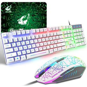 Gaming Toetsenbord en Muis Set, 104 Toetsen Rainbow Backlit QWERTZ Toetsenbord + 2400 DPI 6 Knoppen Ademhalings Muis + GRATIS Muismat Combo, USB Bedraad Compatibel met PS4, XBox (Adapter Nodig) Wit