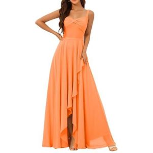 Chiffon bruidsmeisjesjurken voor dames, met split, lange baljurken, cocktailjurken, grote maten, Oranje, 32