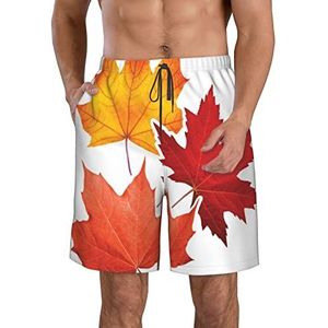 JIAWUJYNB Herfst Leaf Print Strandshorts voor heren, lichtgewicht, sneldrogend trekkoord zwembroek met zakken, Wit, XL