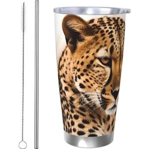 FHEBNDS 20oz beker met deksel en rietje, roestvrij staal geïsoleerde koffiemok, dubbelwandige vacuüm reizen thermische kopjes Cheetah wachten op een kans reismok lekvrije auto beker geschenken