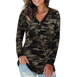 LAZIRO Vrouwen Herfst V-hals Knop Gedrukt Lange Mouwen Splicing T-Shirt Tops Vrouwelijke, Camouflage Bloem, XL
