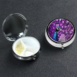 Pillendoosje 3 compartimenten pillendoos draagbare metalen pillenorganizer schattige reispillencontainer paarse pauw vitamine organizer voor portemonnee zak reizen cadeau