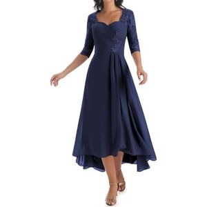 KIYNE Damesjurk, lange jurk voor moeder van de bruid met mouwen, geplooide kanten applicatie, V-hals, formele avondjurk, Donkerblauw, 32