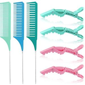 3 maten accentuerende kammen set met pastelkleurige krokodillenclips, weven styling met rattenstaartkam plagen folierkammen hittebestendig voor kapsalon kapper thuis (pastelblauw)